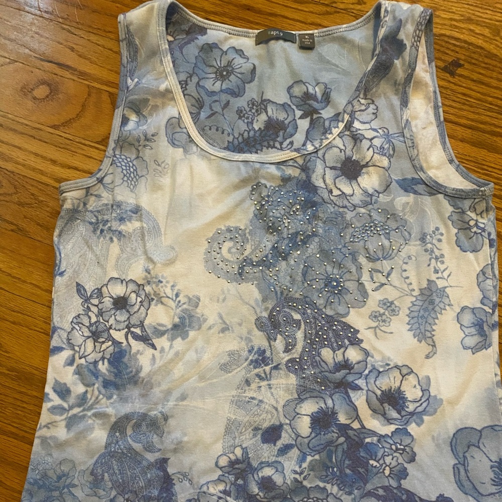 Blue floral rhinestone tank